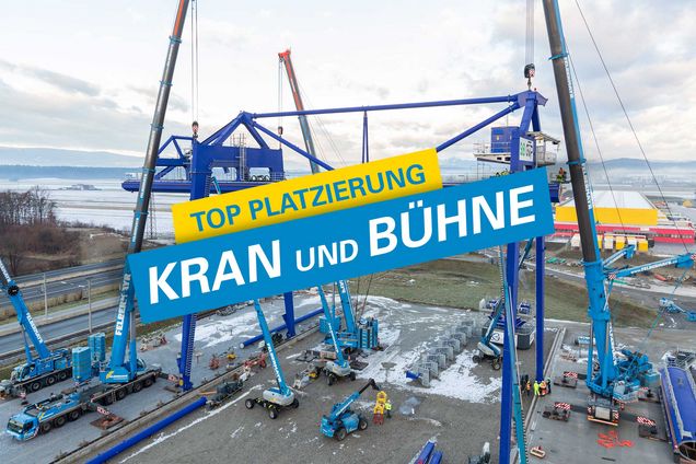 Slide Das Titelbild des Magazins Kran&Bühne zeigt einen Einsatz der Felbermayr Transport- und Hebetechnik.